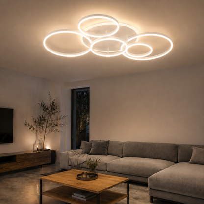 Plafonnier LED Nordique à Anneaux | Lustre Aluminium & Acrylique | 3 Couleurs