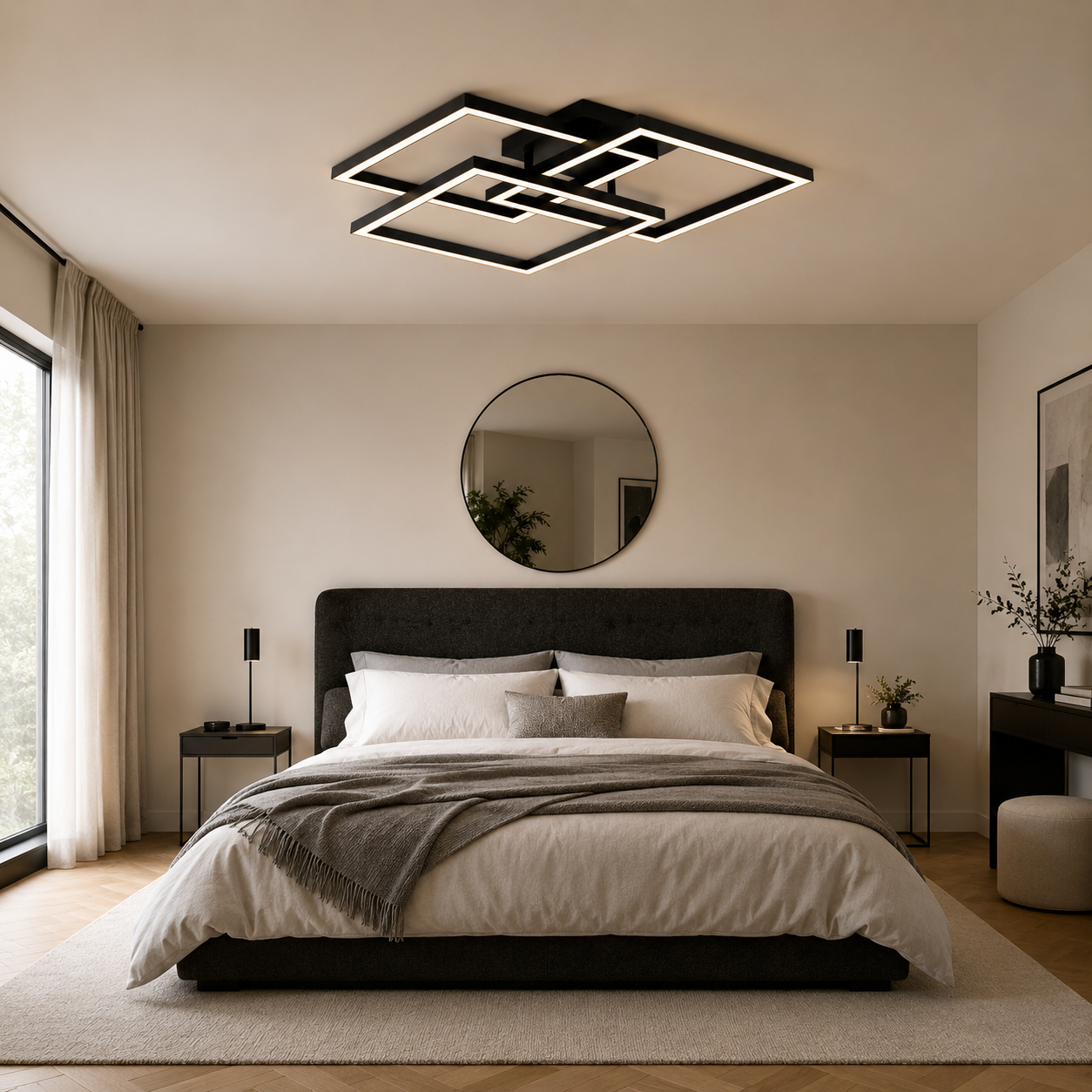 Plafonnier LED Géométrique Noir | Lustre Moderne 48W | Dimmable avec Télécommande