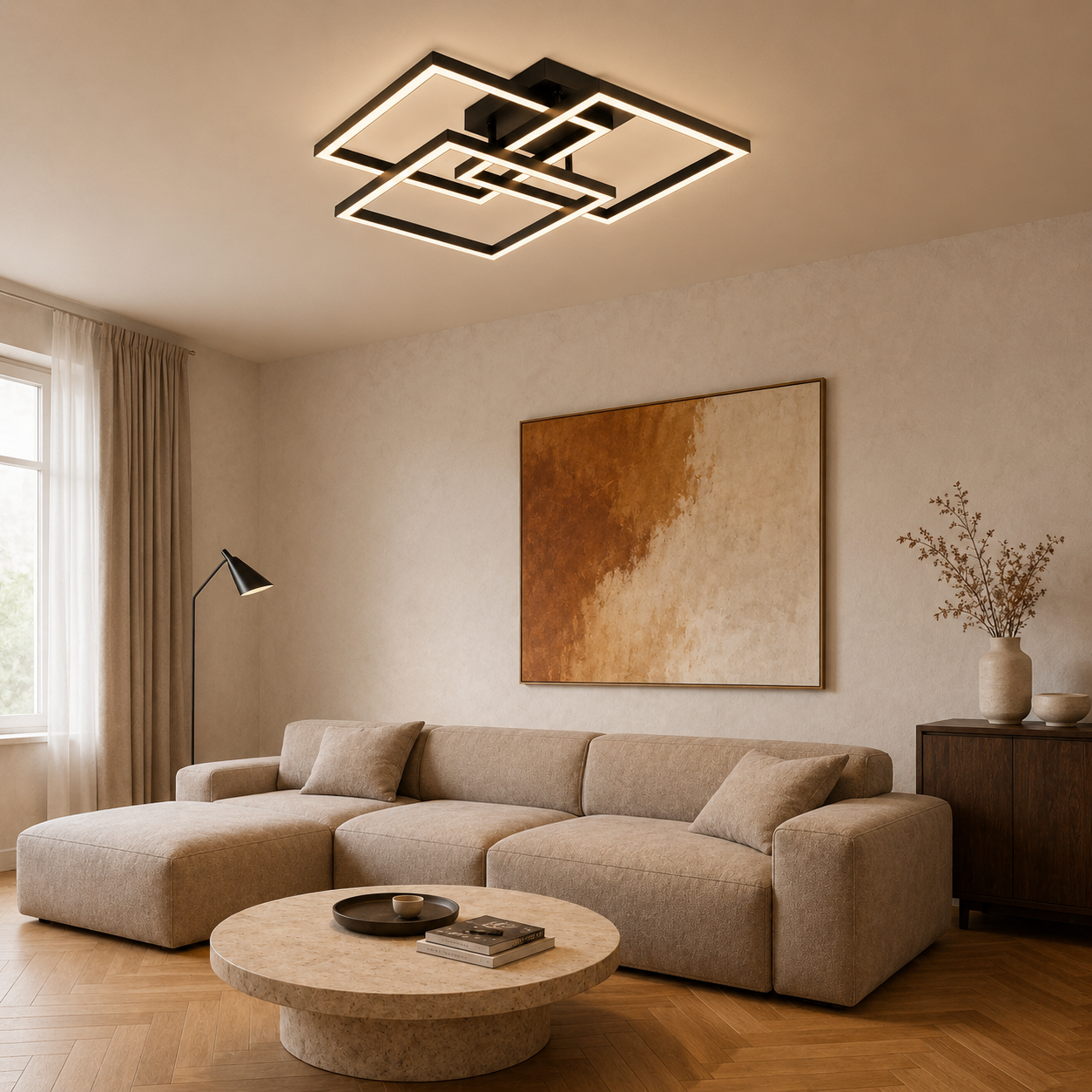 Plafonnier LED Géométrique Noir | Lustre Moderne 48W | Dimmable avec Télécommande