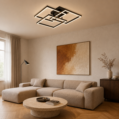 Plafonnier LED Géométrique Noir | Lustre Moderne 48W | Dimmable avec Télécommande