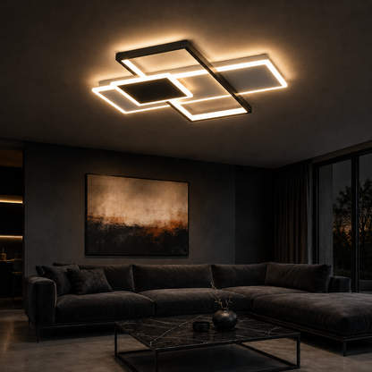 Plafonnier LED Géométrique Noir | Lustre Moderne 46W | Dimmable avec Télécommande