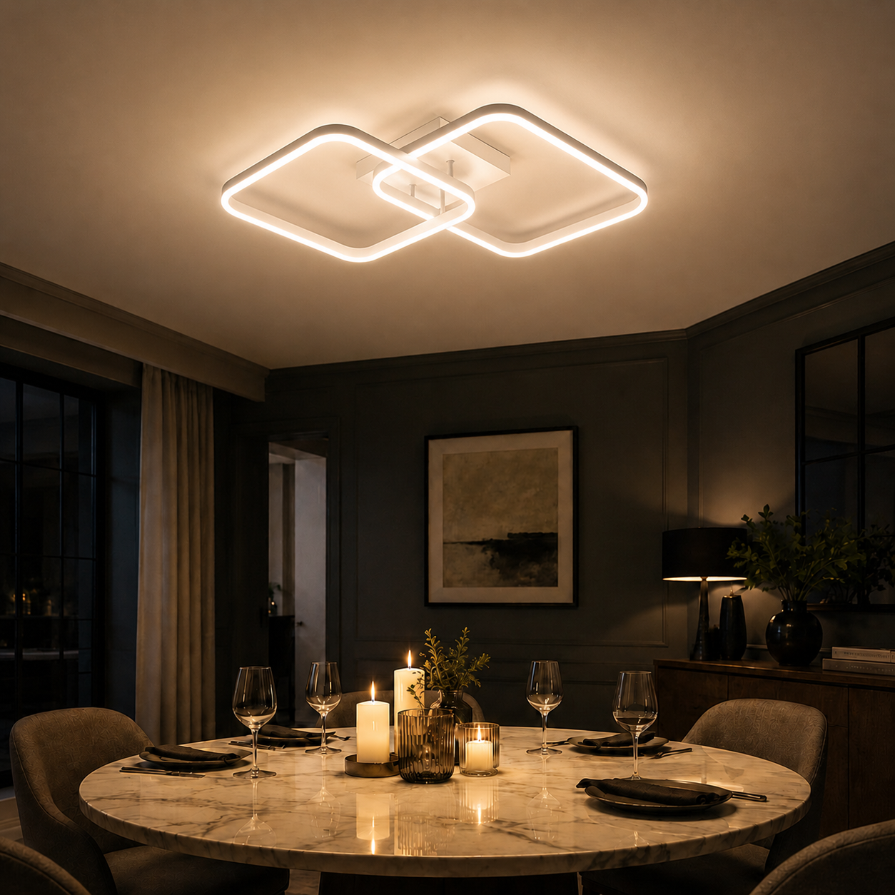 Plafonnier LED Géométrique Blanc | Lustre Moderne 50W | Dimmable avec Télécommande