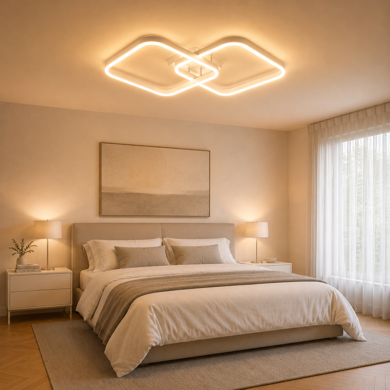 Plafonnier LED Géométrique Blanc | Lustre Moderne 50W | Dimmable avec Télécommande