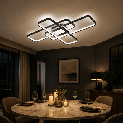 Plafonnier LED Géométrique Noir | Lustre Moderne 56W | Dimmable avec Télécommande