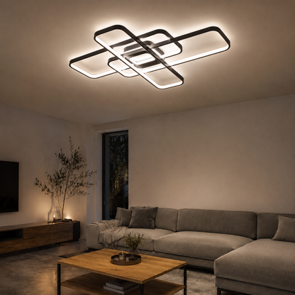 Plafonnier LED Géométrique Noir | Lustre Moderne 56W | Dimmable avec Télécommande
