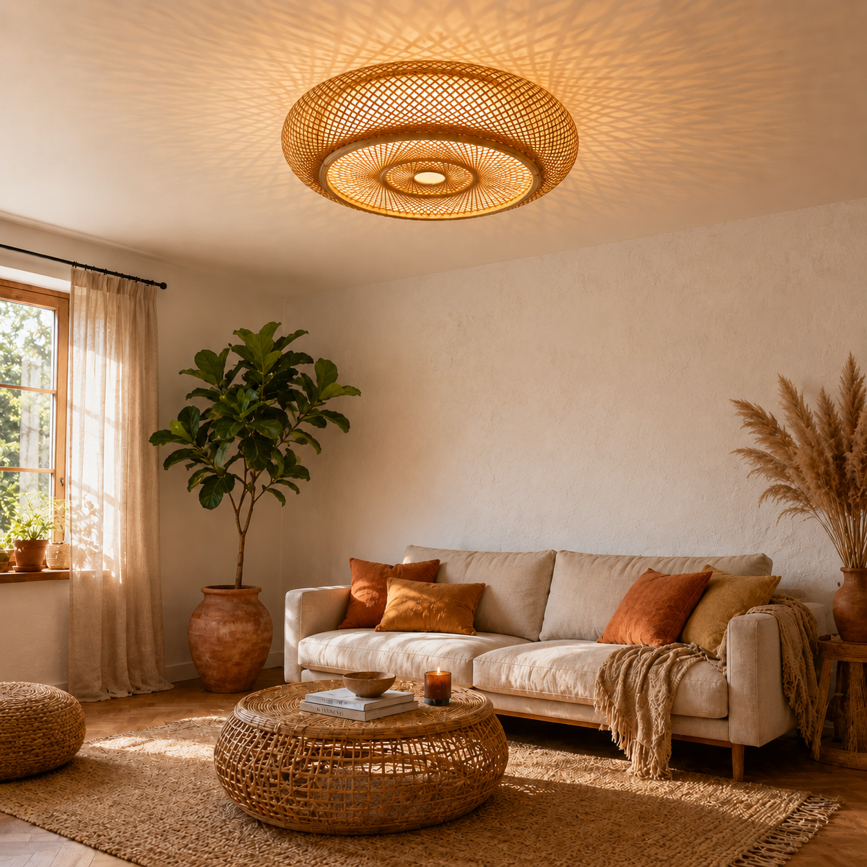 Plafonnier en Bambou Tissé Main | Luminaire Rotin Naturel | Design Boho Loft