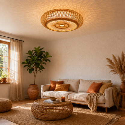 Plafonnier en Bambou Tissé Main | Luminaire Rotin Naturel | Design Boho Loft