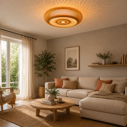 Plafonnier en Bambou Tissé Main | Luminaire Rotin Naturel | Design Boho Loft
