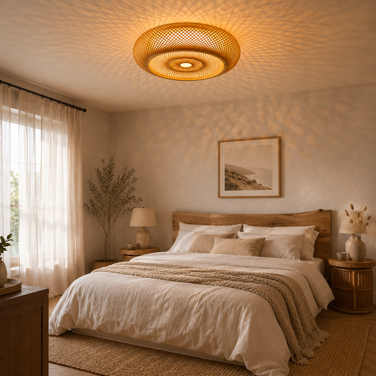 Plafonnier en Bambou Tissé Main | Luminaire Rotin Naturel | Design Boho Loft