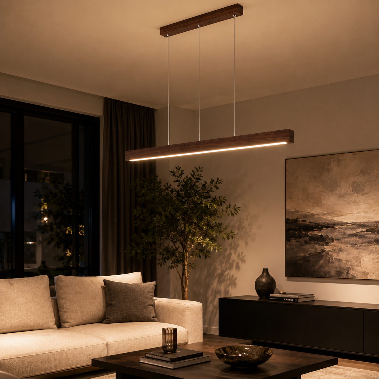 Suspension LED Bois Massif | Lustre Longue Bande Design | Luminaire Salle à Manger