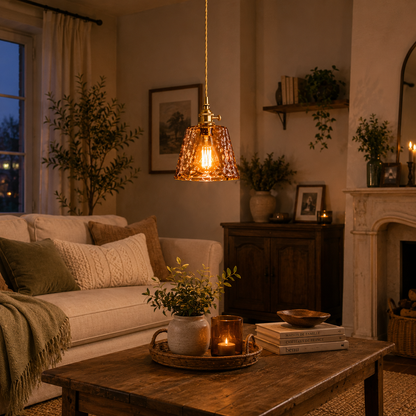 Suspension Vintage Verre Ambré | Lustre Design Japonais | Lampe E27 Rétro