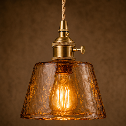 Suspension Vintage Verre Ambré | Lustre Design Japonais | Lampe E27 Rétro